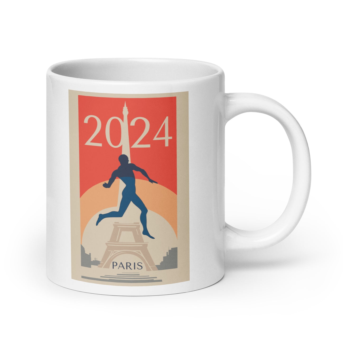 Collection of mugs featuring vibrant illustrations inspired by the Paris 2024 sports event, perfect for sports enthusiasts and art lovers.