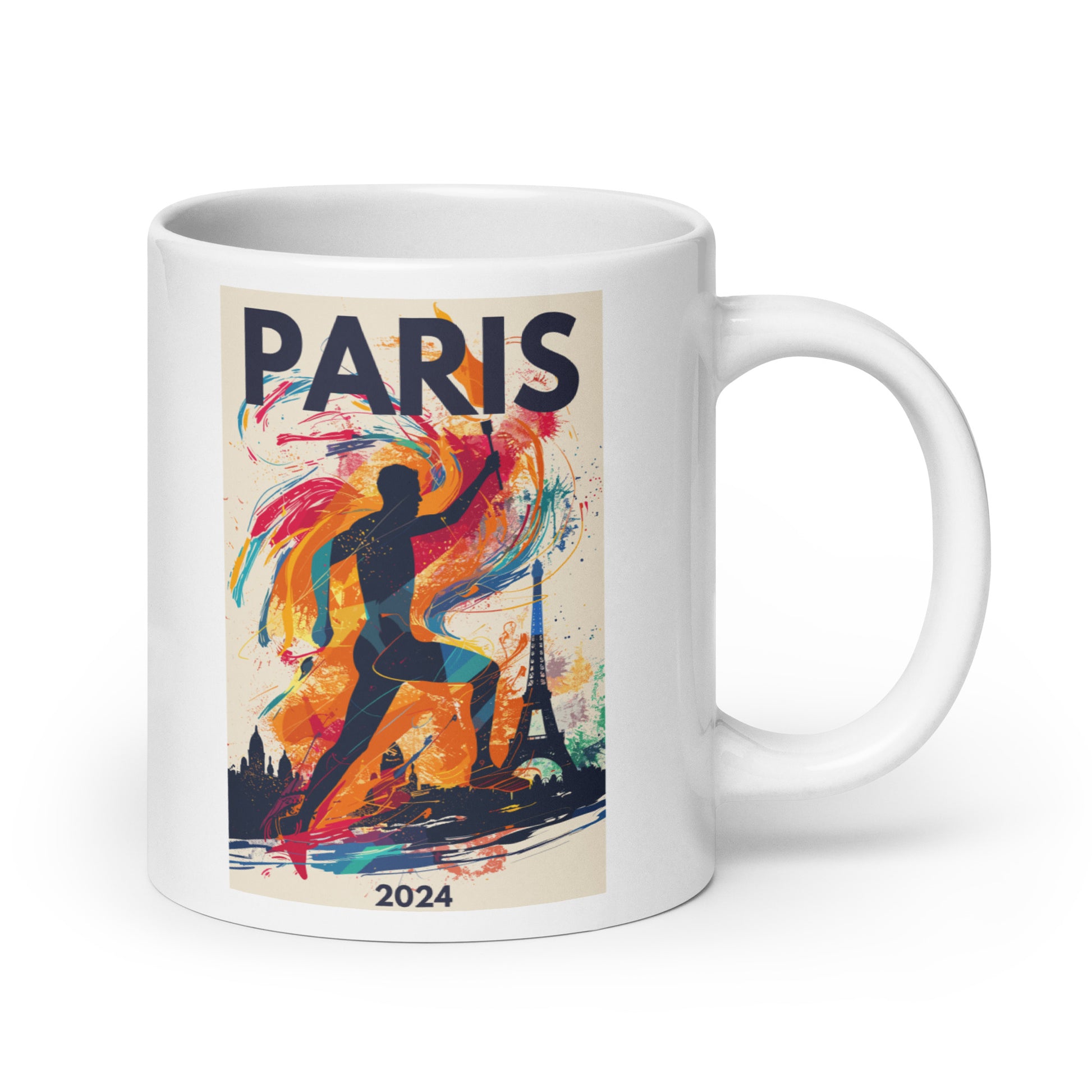 Collection of mugs featuring vibrant illustrations inspired by the Paris 2024 sports event, perfect for sports enthusiasts and art lovers.