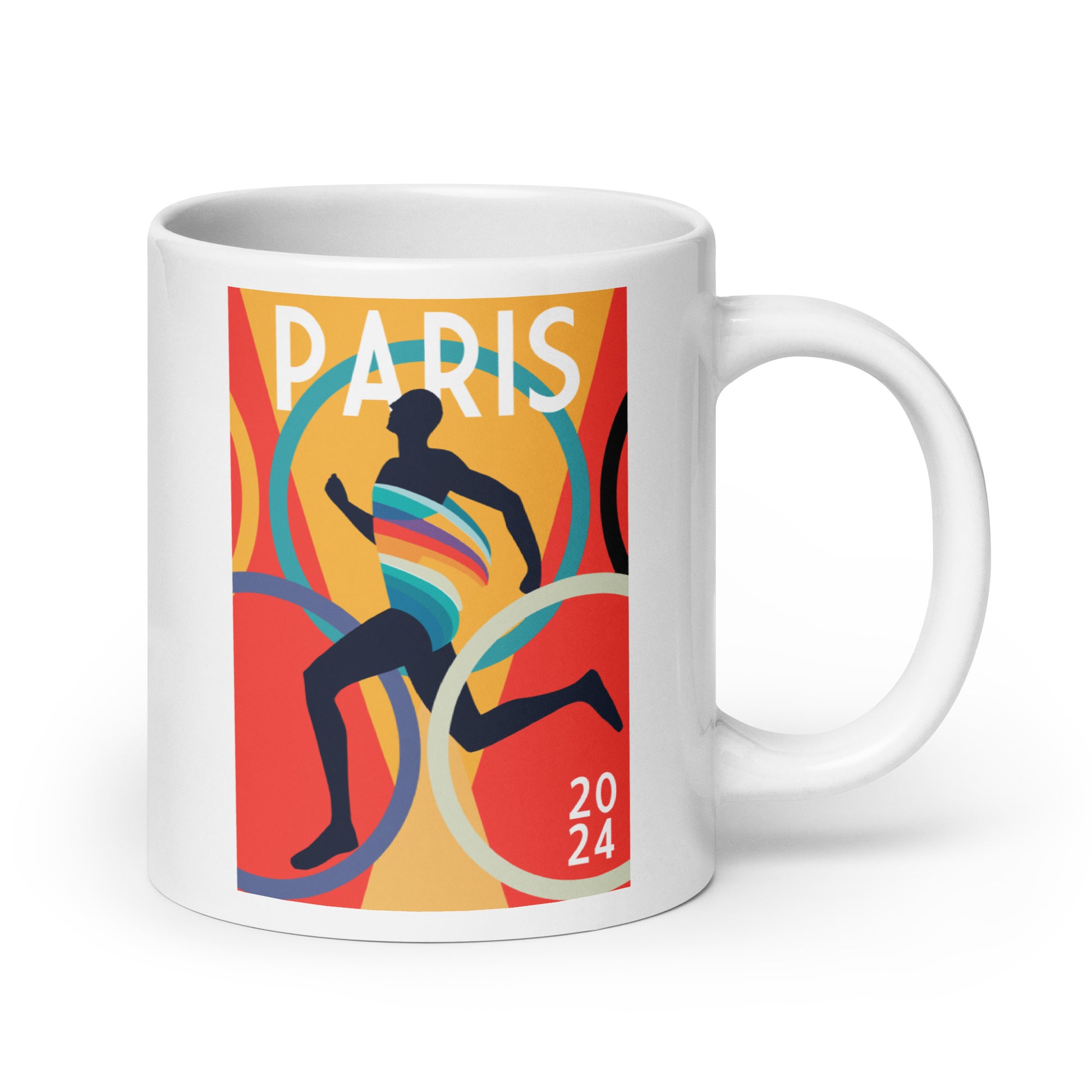 Collection of mugs featuring vibrant illustrations inspired by the Paris 2024 sports event, perfect for sports enthusiasts and art lovers.