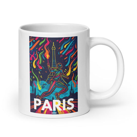 Collection of mugs featuring vibrant illustrations inspired by the Paris 2024 sports event, perfect for sports enthusiasts and art lovers.