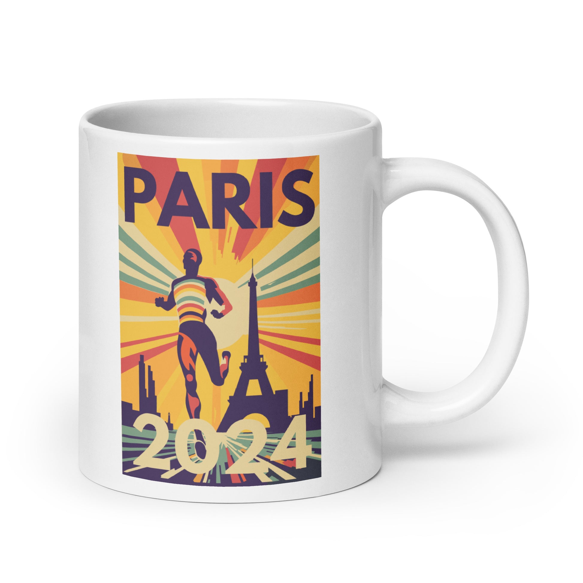 Collection of mugs featuring vibrant illustrations inspired by the Paris 2024 sports event, perfect for sports enthusiasts and art lovers.